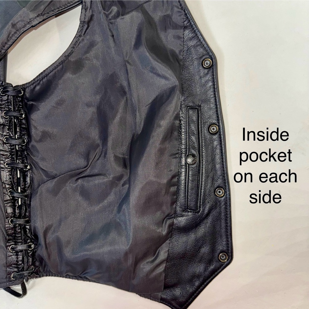 Black Leather Motorcycle Vest with Lace-Up Sides (46) - Picture 9 of 17